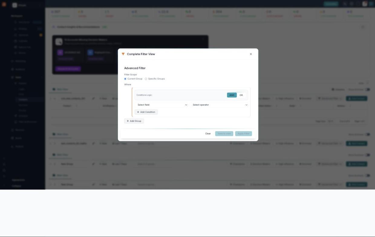 The Advanced Filter window showing Filter Scope, Conditions Logic AND/OR, Select field and Select operator menus, Add Condition, Add Group, and Apply Filter.