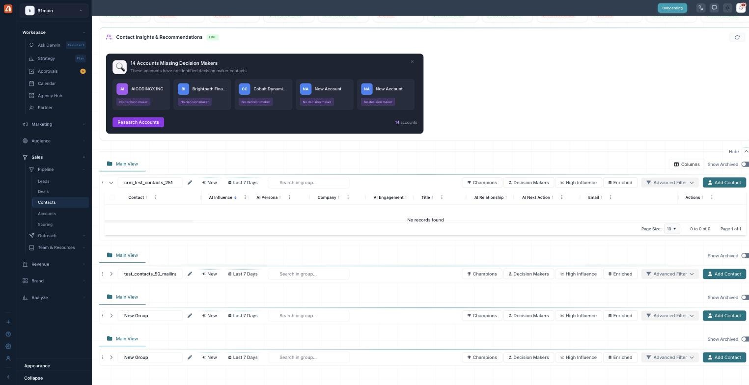 Multiple contact groups stacked, each with its own toolbar for New, date range, Search in group, quick chips, Advanced Filter, and Add Contact.