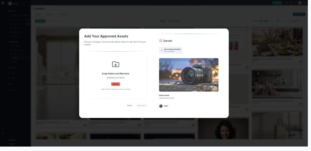 The Add Your Approved Assets dialog: a drag-and-drop zone with a Browse button ('Supported files: images, documents, and videos') and a panel noting assets are stored securely (SOC-2).