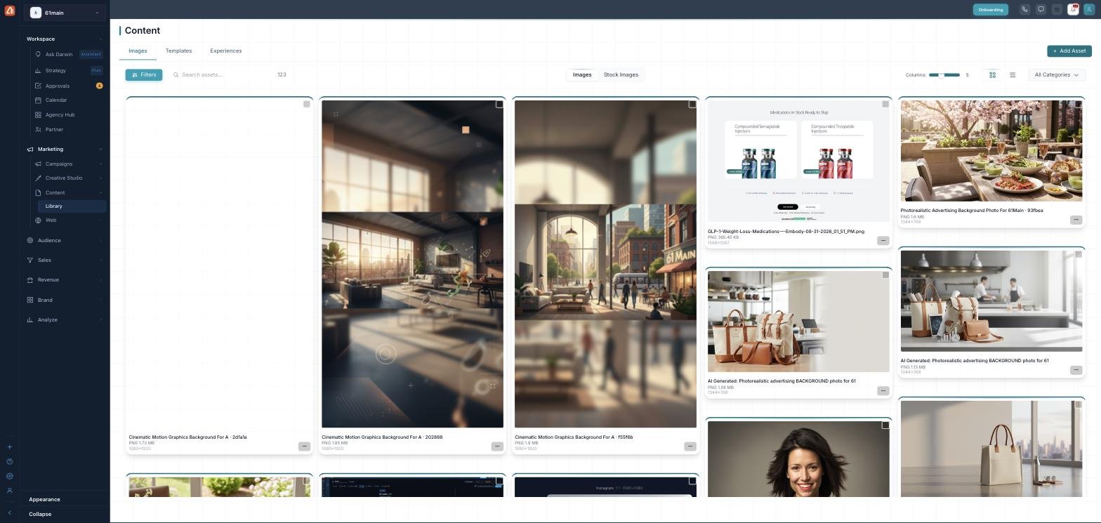 The Content library on the Images tab: a masonry grid of image assets with names and file sizes, a Filters button, an Images/Stock Images toggle, a Columns slider, and an All Categories dropdown, with a + Add Asset button.