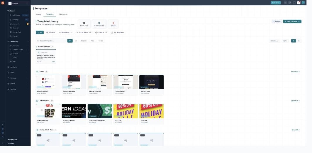 The Templates tab (Template Library): counters for Templates / AI-generated / Saved, category chips (Featured, Marketing, Social & Ads, Sales AI, My Templates), and rows of templates grouped by Email, Ad Creatives, and Social & Post.