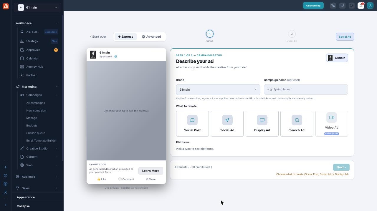 The Advanced builder, with a live preview and a step to describe your ad