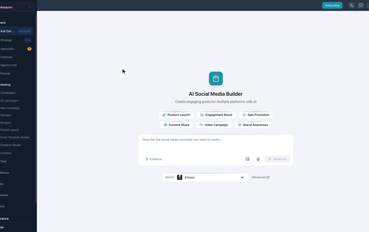 The AI Social Media Builder, with goal buttons and a box to describe what you want