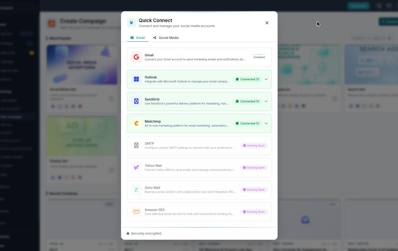 The Quick Connect window, showing email and social accounts you can connect