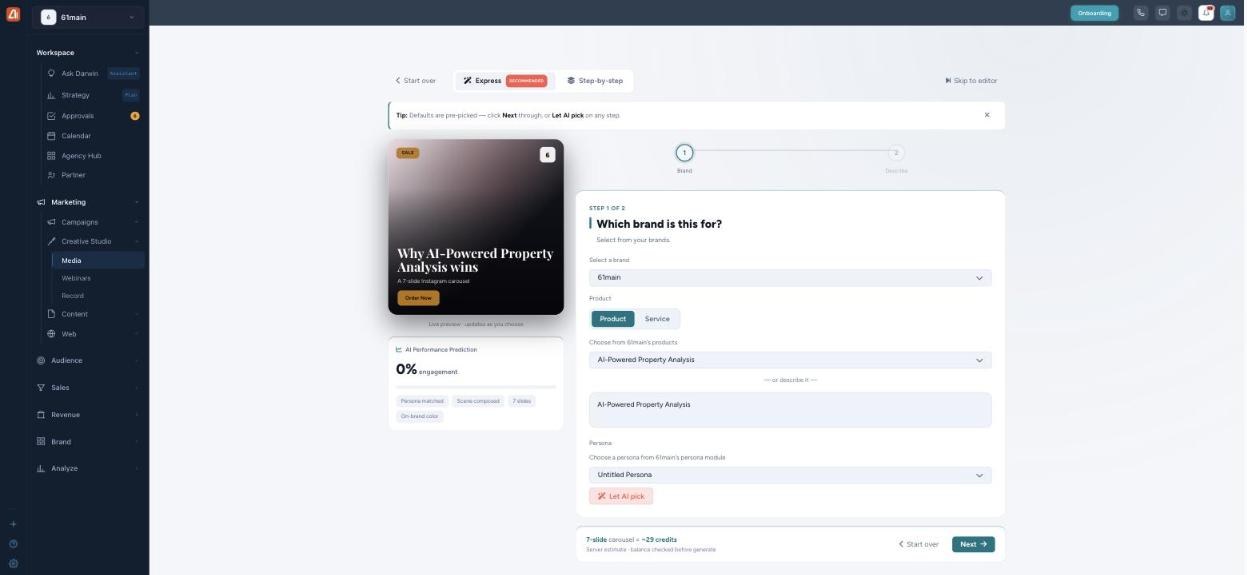 Carousel Express wizard step 1 choosing the brand, with a live preview and AI performance prediction.