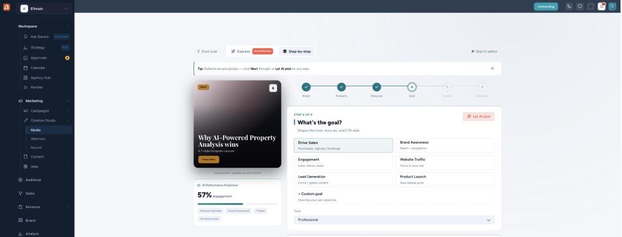 Carousel Goal step with goal choices and a tone selector, and a higher engagement prediction.