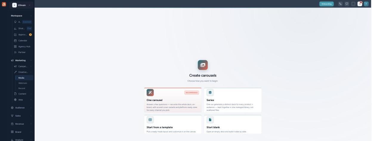 Create carousels screen with One carousel, Series, Start from template, and Start blank options.