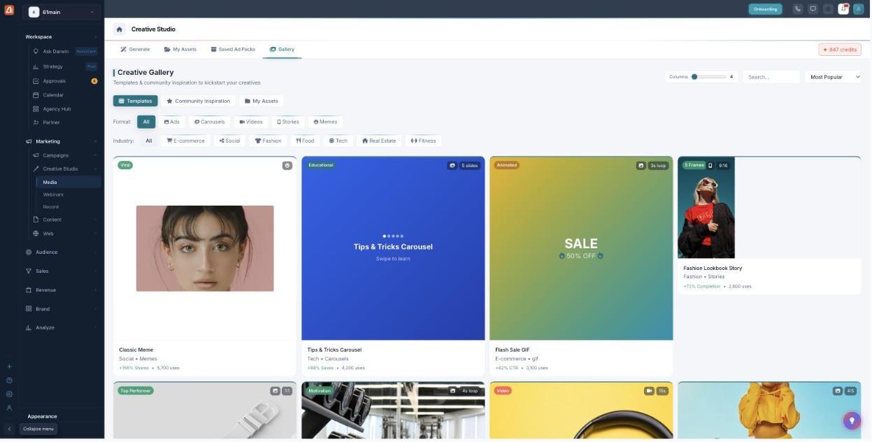 Creative Gallery with format and industry filters and a grid of template cards.