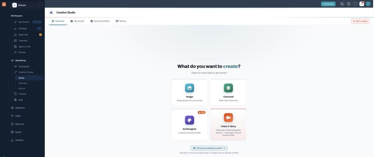 Creative Studio Generate tab with four asset types: Image, Carousel, Ad Designer, and Video and Story.