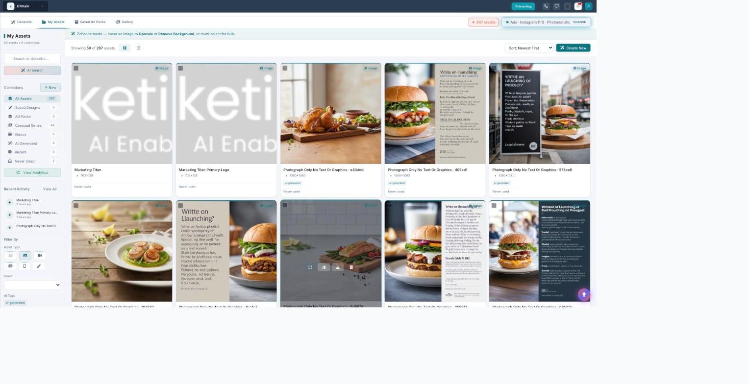 Enhance mode in My Assets: a banner reads 'hover an image to Upscale or Remove Background, or multi-select for bulk', and a hovered image shows Upscale and Remove Background action buttons.