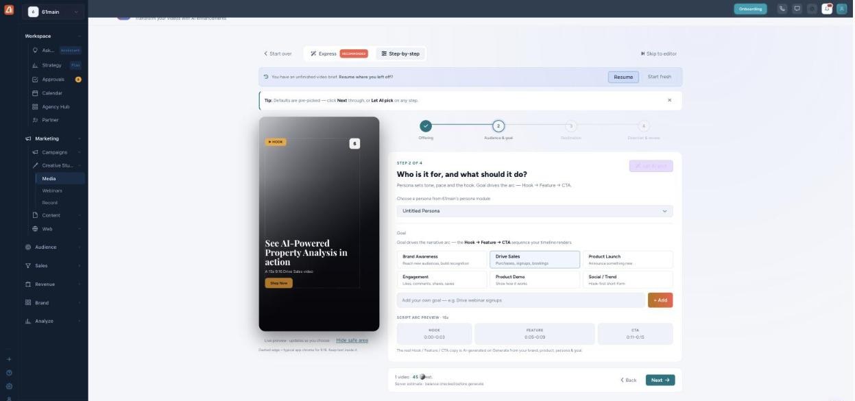 Video Audience and goal step with goal choices and a Hook, Feature, CTA script arc preview with timings.