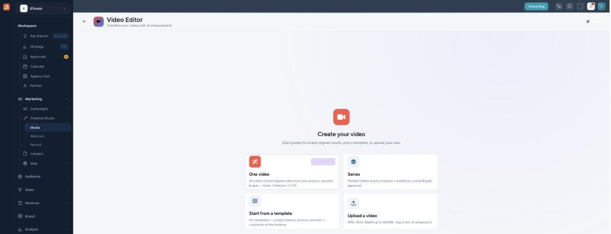 Create your video screen with One video, Series, Start from template, and Upload a video.