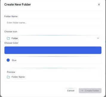 The Create New Folder dialog: a Folder Name field, a Choose Icon dropdown, a Choose Color option (for example Blue) and a live Preview of the folder, with Cancel and Create Folder buttons.