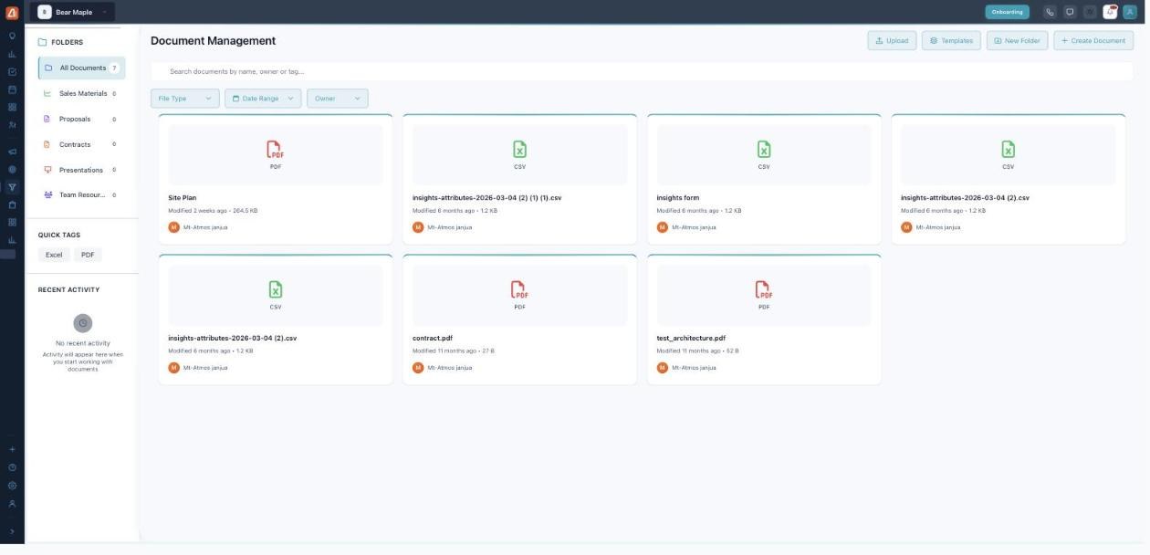The Document Management page: a left sidebar with Folders (All Documents, Sales Materials, Proposals, Contracts, Presentations, Team Resources), Quick Tags and Recent Activity; a top toolbar with Upload, Templates, New Folder and Create Document; a search box with File Type, Date Range and Owner filters; and a grid of document cards showing file type, name, date, size and owner.