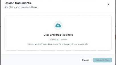 The Upload Documents dialog: a large drag-and-drop area reading