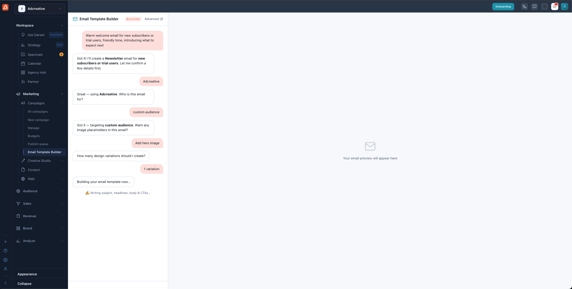 The Email Template Builder chat with a prompt at the top, Darwin's follow-up questions, and a building-in-progress message