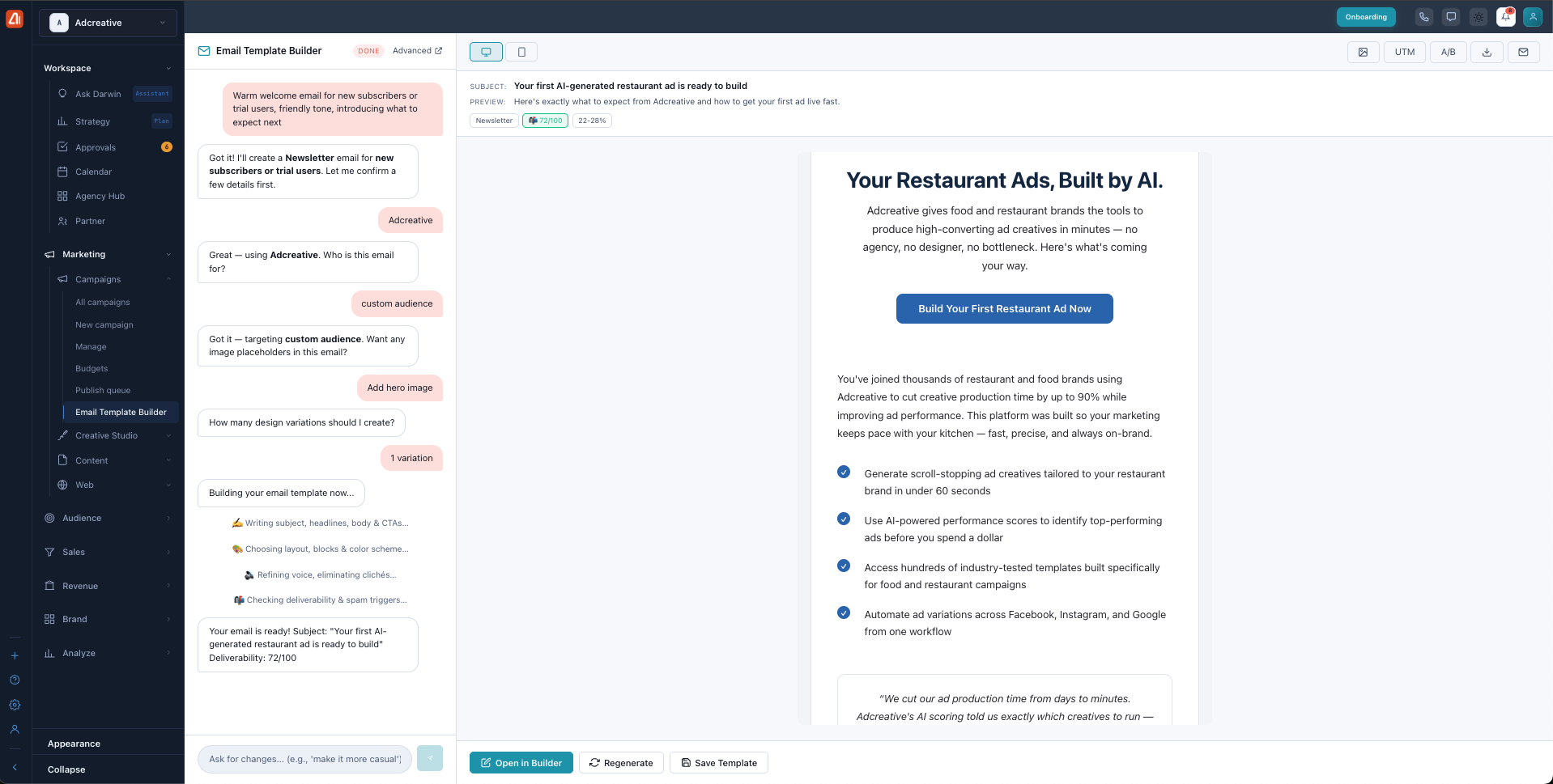 A finished AI-generated email showing subject line, preview text, deliverability score, and the rendered email