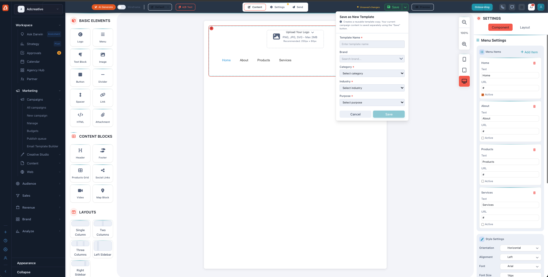 The Save as New Template window over the canvas with a Menu block selected and its settings on the right
