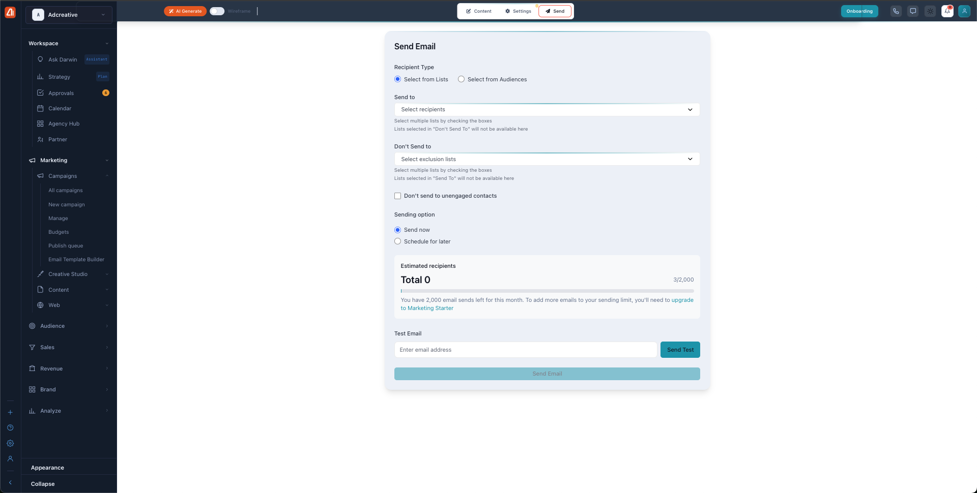 The Send tab showing recipient type, send-to and exclusion lists, an unengaged checkbox, sending options, estimated recipients, and send buttons