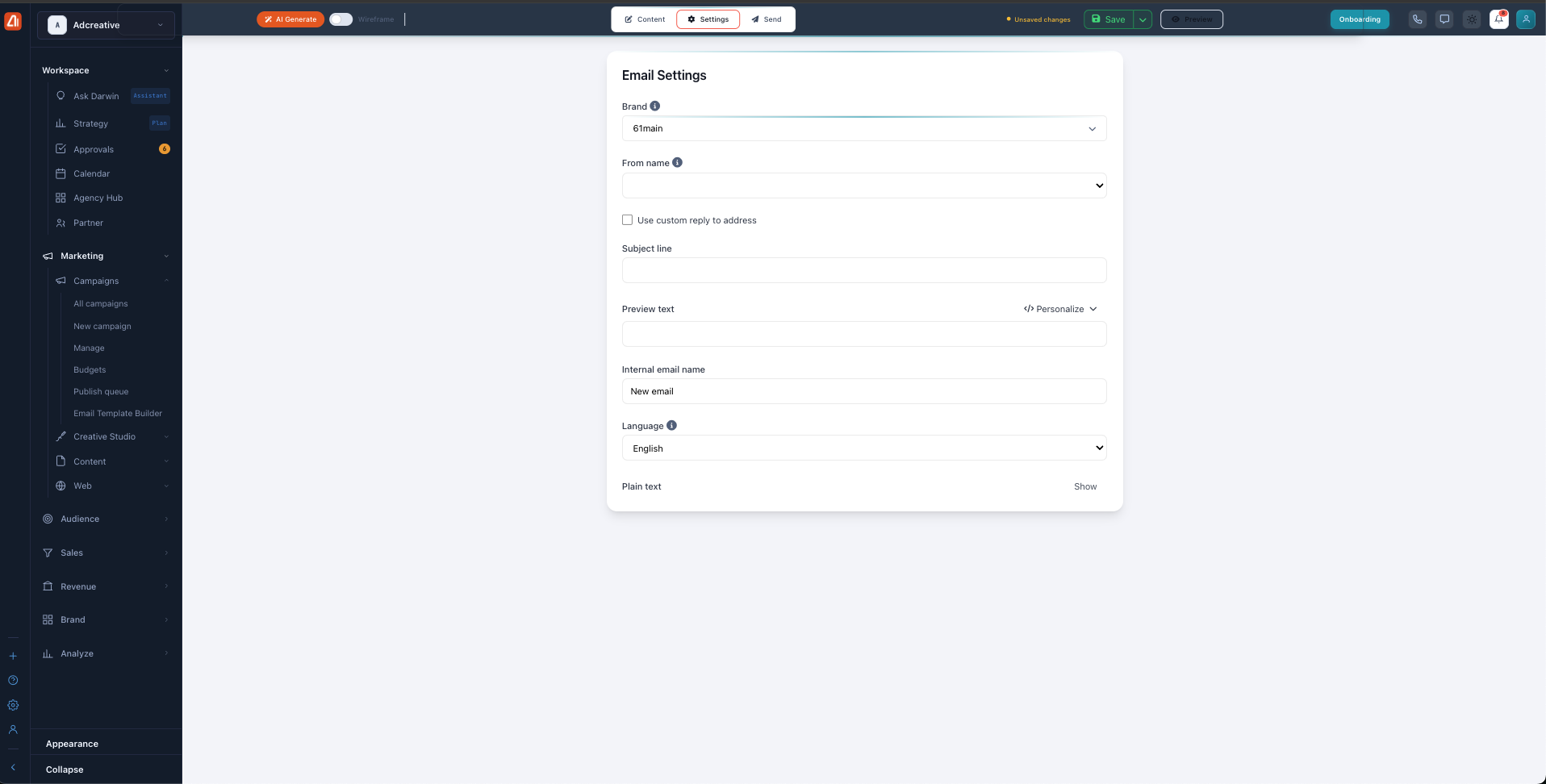The Settings tab showing brand, from name, reply-to, subject line, preview text, internal name, language, and plain text fields