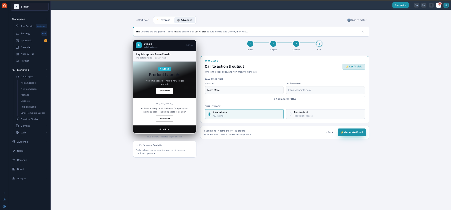 The Advanced Call to action and output step, showing button text, destination URL, and output mode choices for 4 variations or per product.