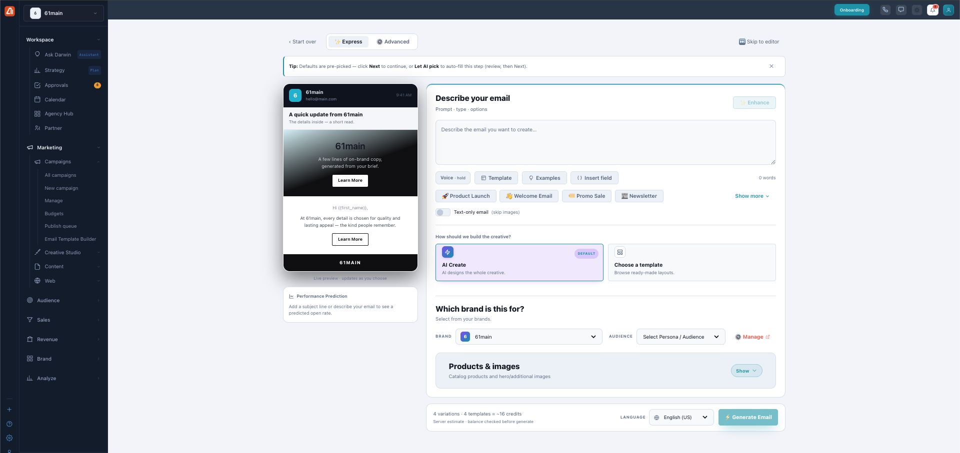 Express mode showing a live email preview on the left and options for AI Create, choose a template, brand, and audience on the right.