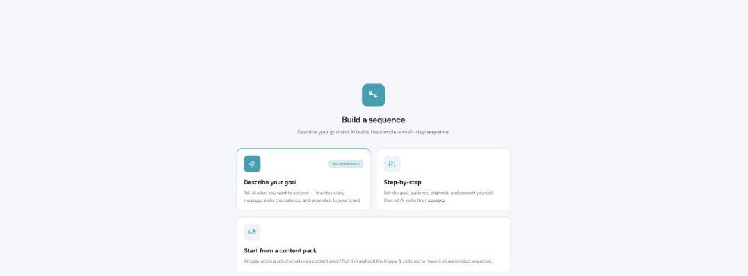 The Build a sequence screen with three options: Describe your goal (recommended), Step-by-step, and Start from a content pack.
