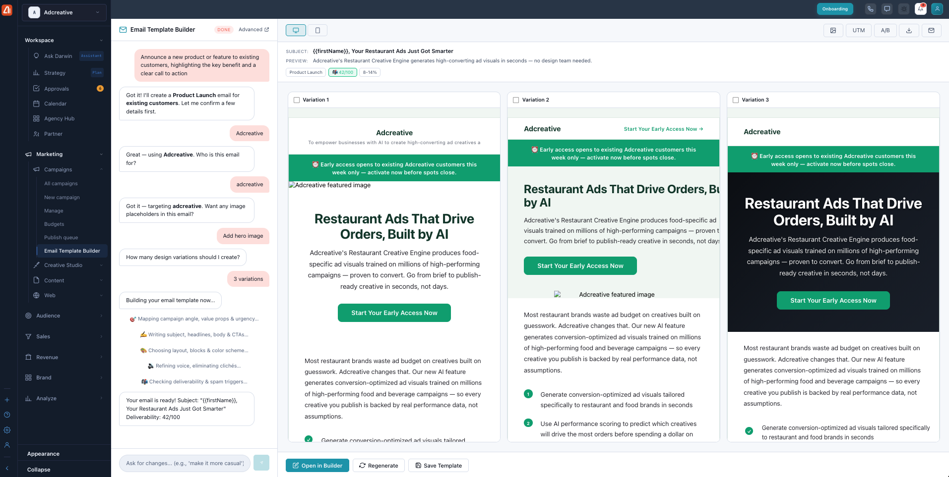 The Email Template Builder chat showing several design variations side by side with a live preview and a deliverability score.