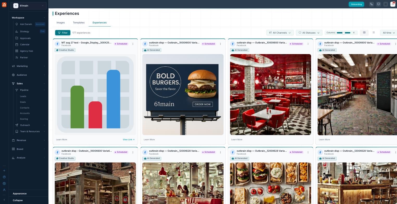 Experiences page in card view showing tabs, filters, a columns slider, and creative cards