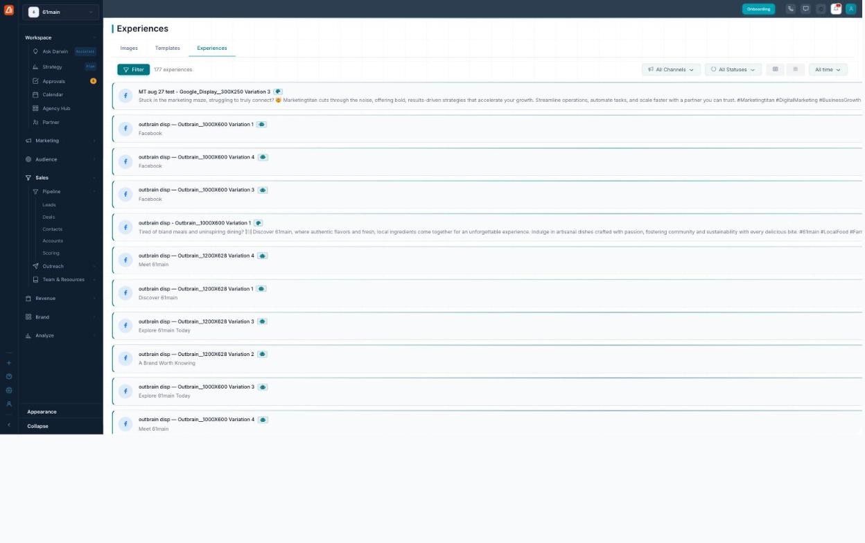 Experiences page in list view showing compact rows with each creative's title and ad copy