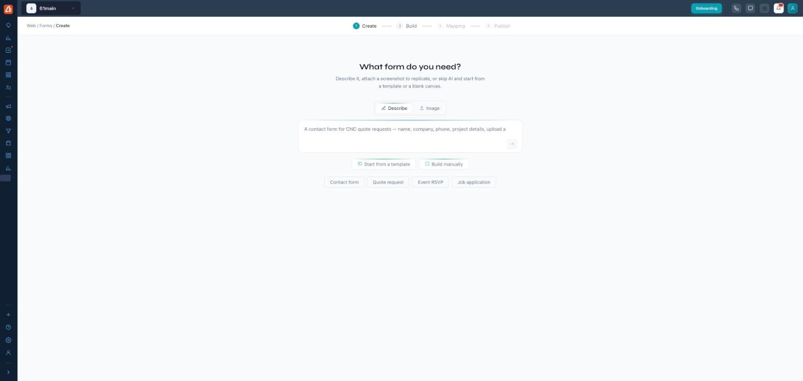 The Create-with-AI screen asking 'What form do you need?' with a Describe/Image toggle, a prompt box, template/manual options, and a 4-step progress bar.