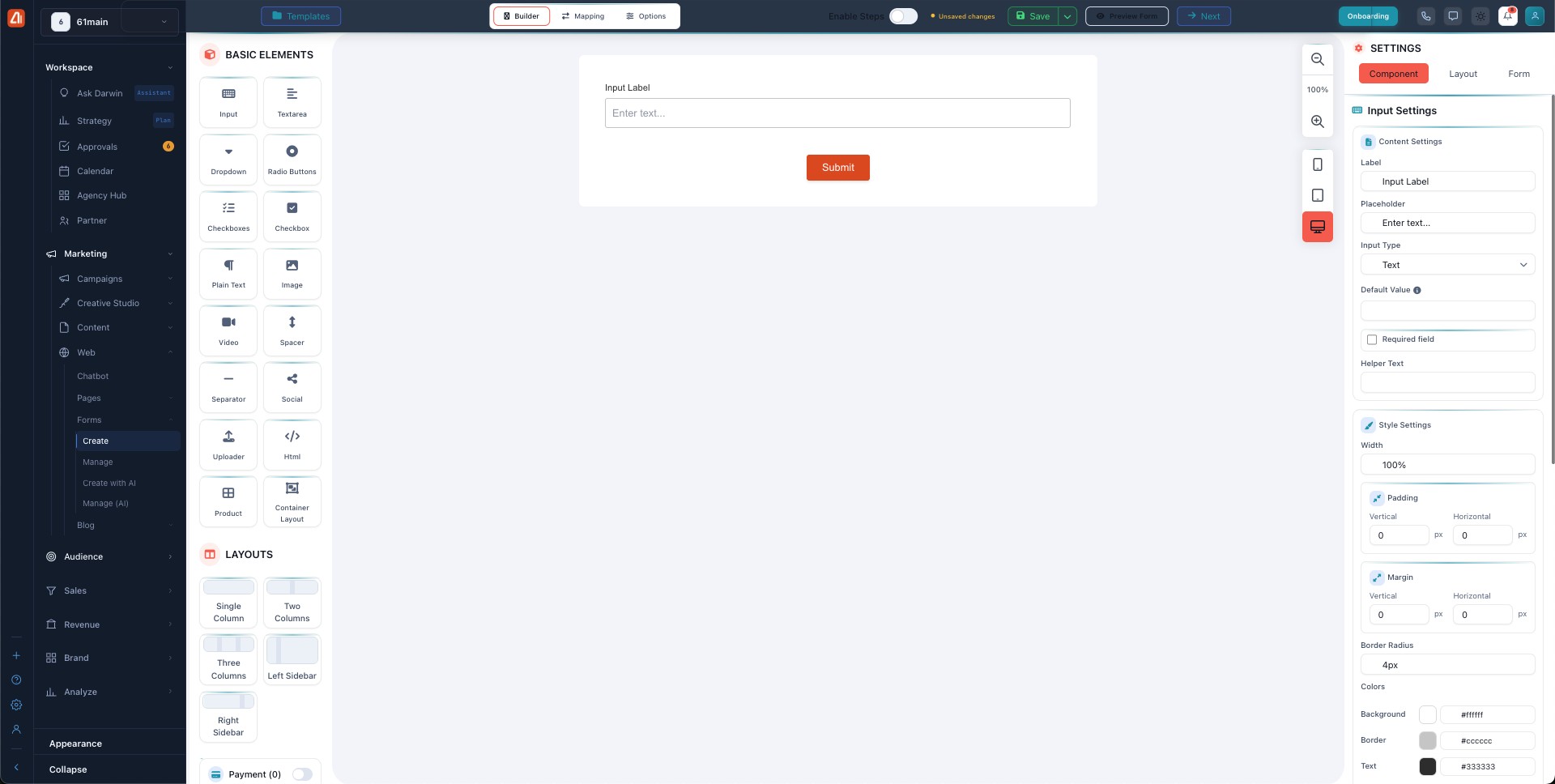 The form builder with a Basic Elements palette on the left, a canvas in the middle, and a Settings panel on the right.