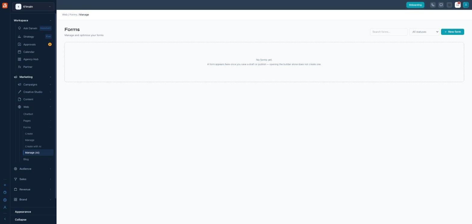 The Manage (AI) Forms list with each form's name, public URL with Copy, destination, status, updated date, submissions, and edit/duplicate/delete actions.