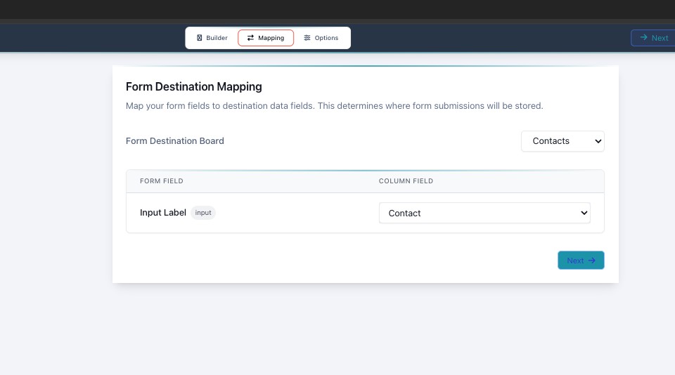 The Mapping tab: a Form Destination Board dropdown set to Contacts, and each form field mapped to a column on that board.