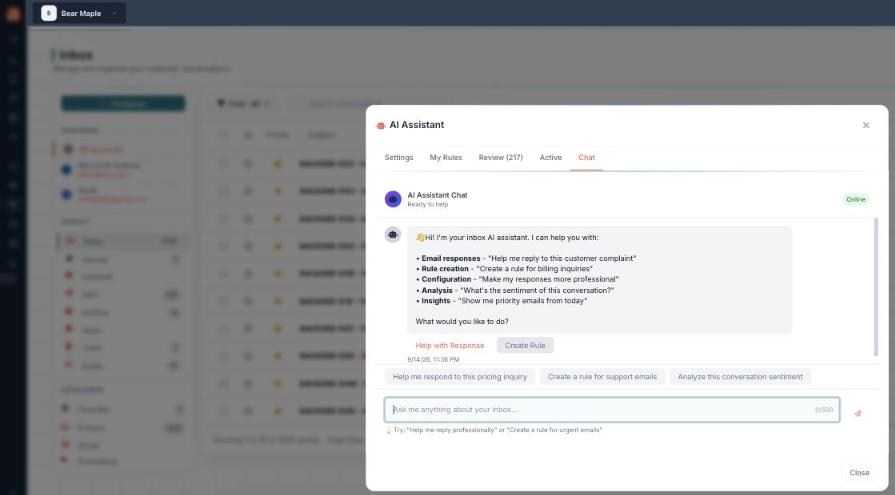The AI Assistant Chat tab: an AI Assistant Chat panel marked Online with an intro listing what it can help with (Email responses, Rule creation, Configuration, Analysis, Insights), Help with Response and Create Rule buttons, quick-prompt chips, and an Ask me anything about your inbox input box.