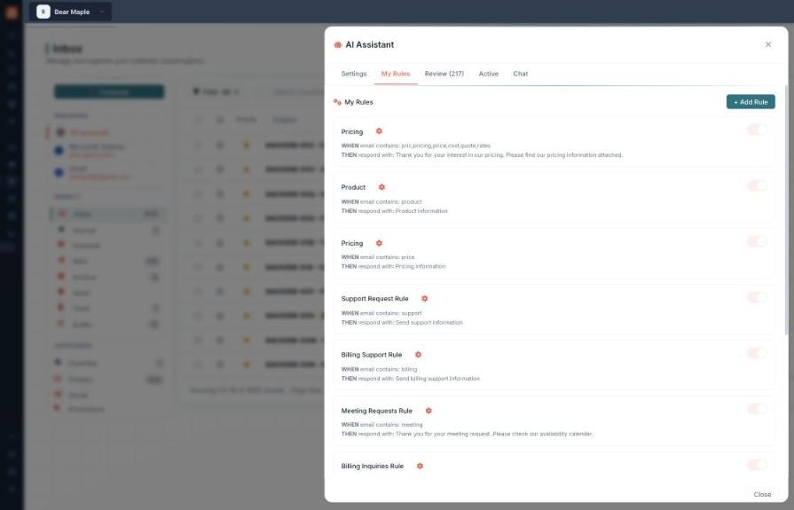 The AI Assistant My Rules tab: an Add Rule button and a list of rules (Pricing, Product, Support Request, Billing Support, Meeting Requests, Billing Inquiries), each with a WHEN email contains ... / THEN respond with ... line and an on/off toggle.