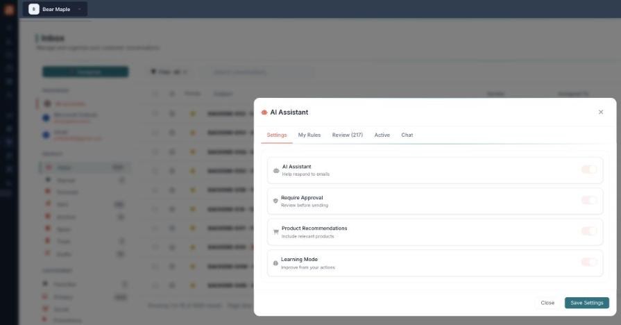 The AI Assistant Settings tab with four toggles: AI Assistant (help respond to emails), Require Approval (review before sending), Product Recommendations (include relevant products), and Learning Mode (improve from your actions), plus Close and Save Settings buttons.