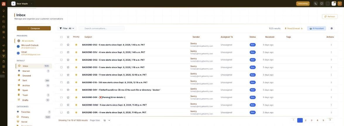 The Inbox: a left sidebar with Providers, Default folders (Inbox, Starred, Snoozed, Sent, Archive, Spam, Trash, Drafts) and Categories (Favorites, Primary, Social, Promotions), a Compose button, a Filter / Search / sort bar with an AI Assistant, and the conversation table with Priority, Subject, Sender, Assigned To, Status, Received, Tags and Actions columns.