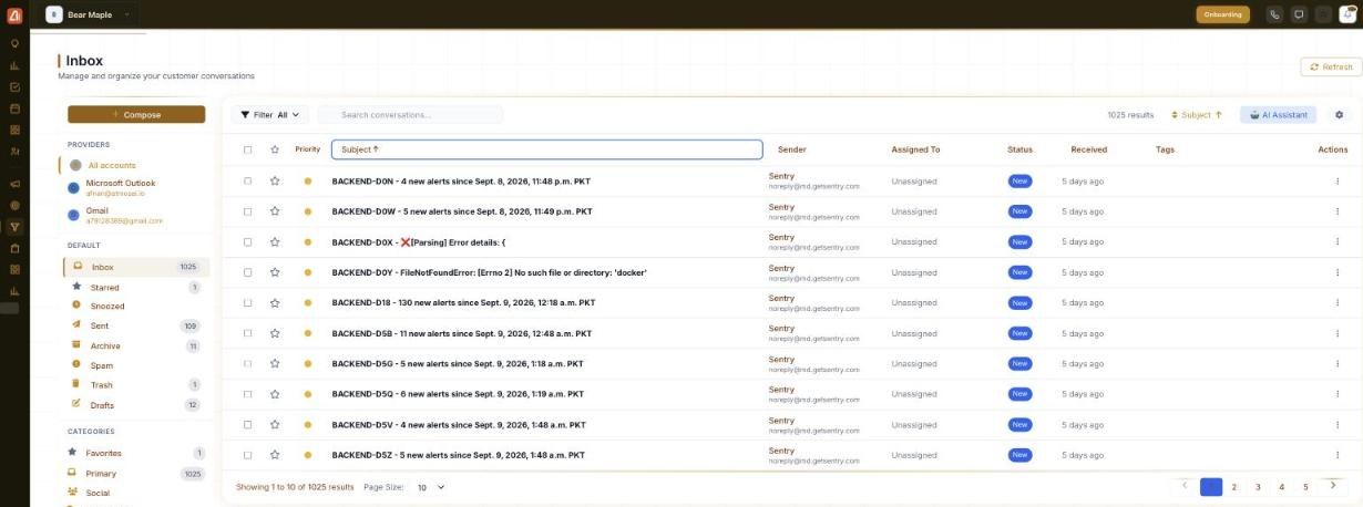 The conversation list with many rows, each showing a star, a priority dot, subject, sender, an Assigned To column, a status badge, the received date, a Tags column and a row actions menu; the sidebar shows folder counts (Inbox 1025, Sent, Archive, Drafts) and the list is sorted by Subject.