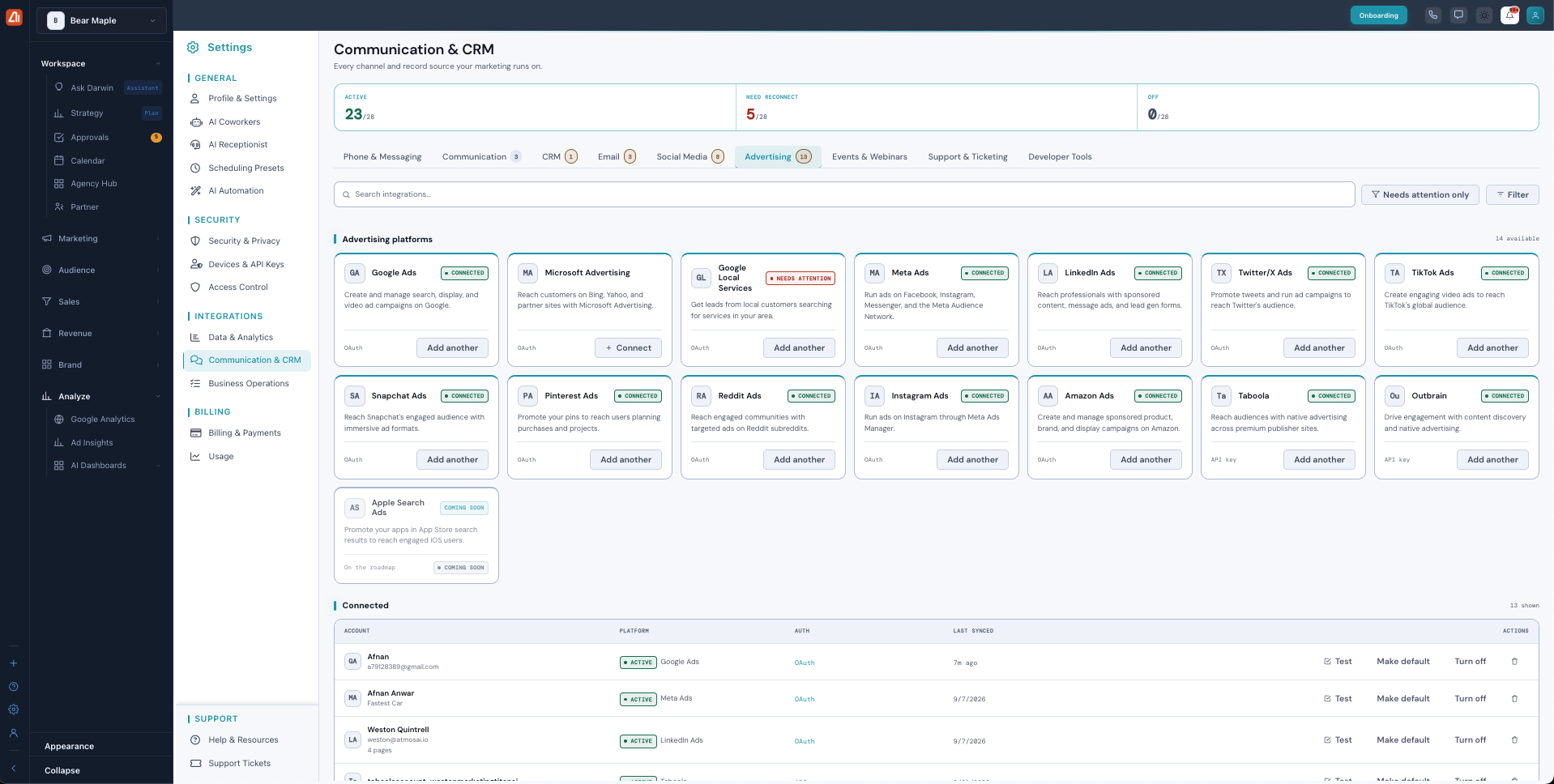 The Advertising tab showing the full grid of 15 ad platforms and the connected list.