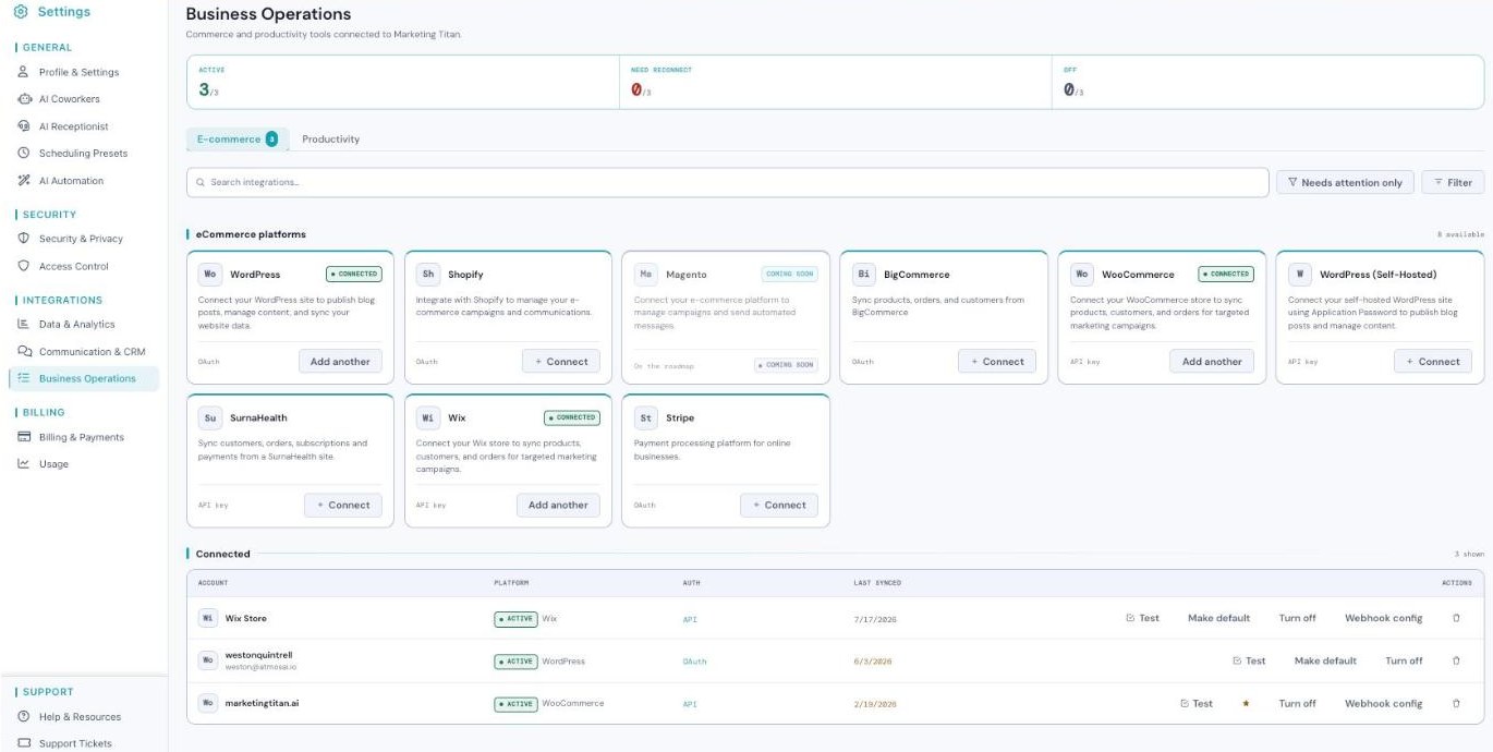 The Business Operations hub: E-commerce and Productivity tabs with platform cards.