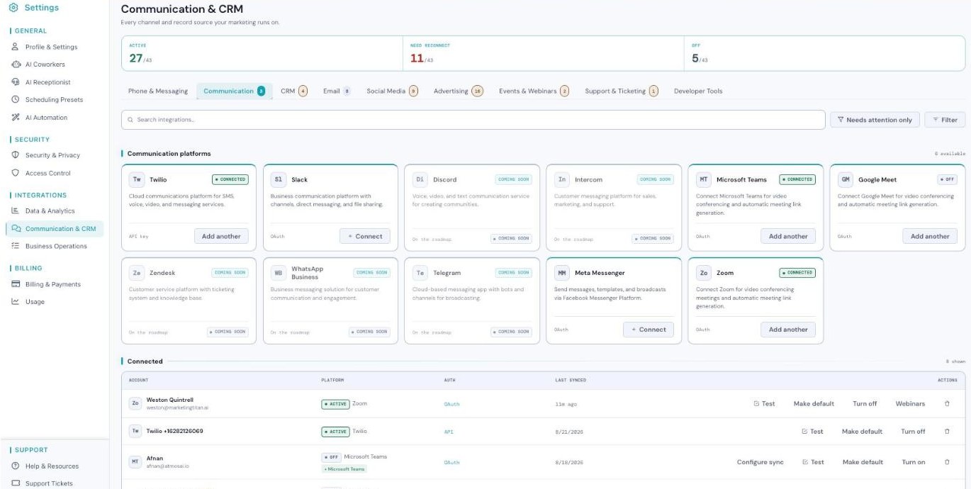 The Integrations screen showing connected tools with status badges — Connected, Needs attention, or Expired.