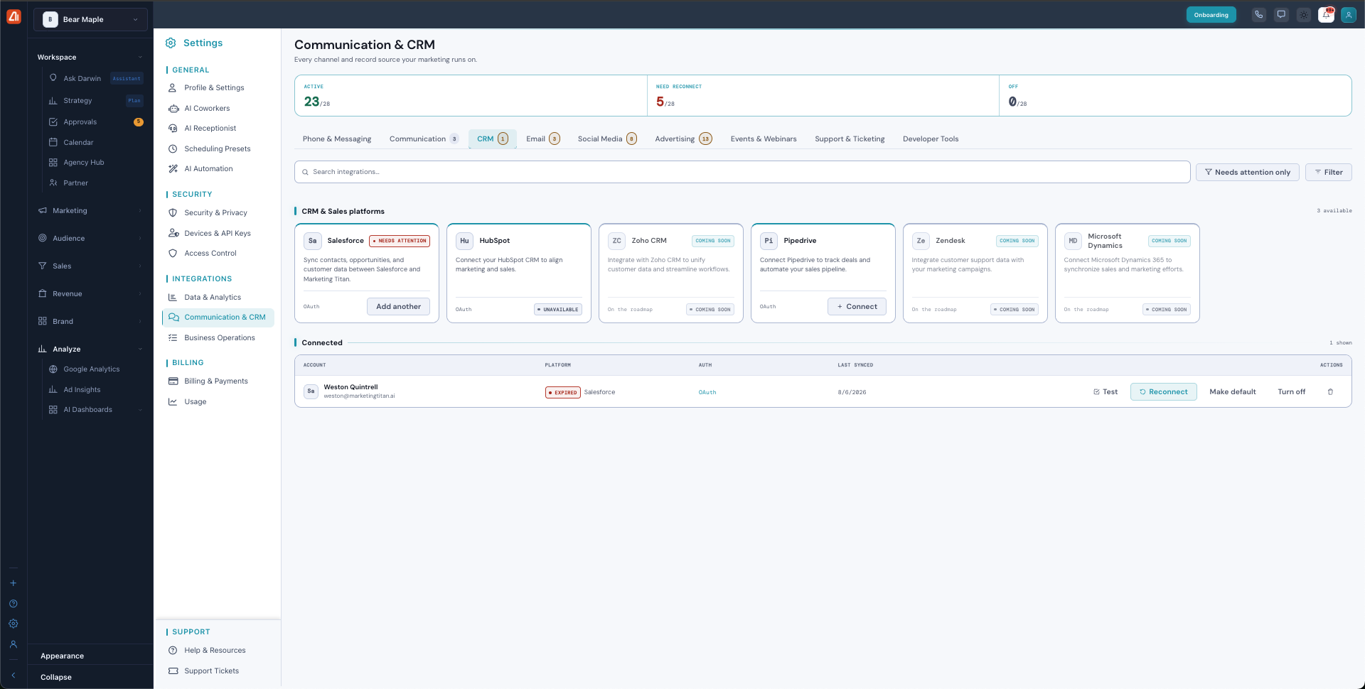 The Integrations page on the CRM tab, showing summary cards, category tabs, search and filter controls, platform cards, and the Connected list.