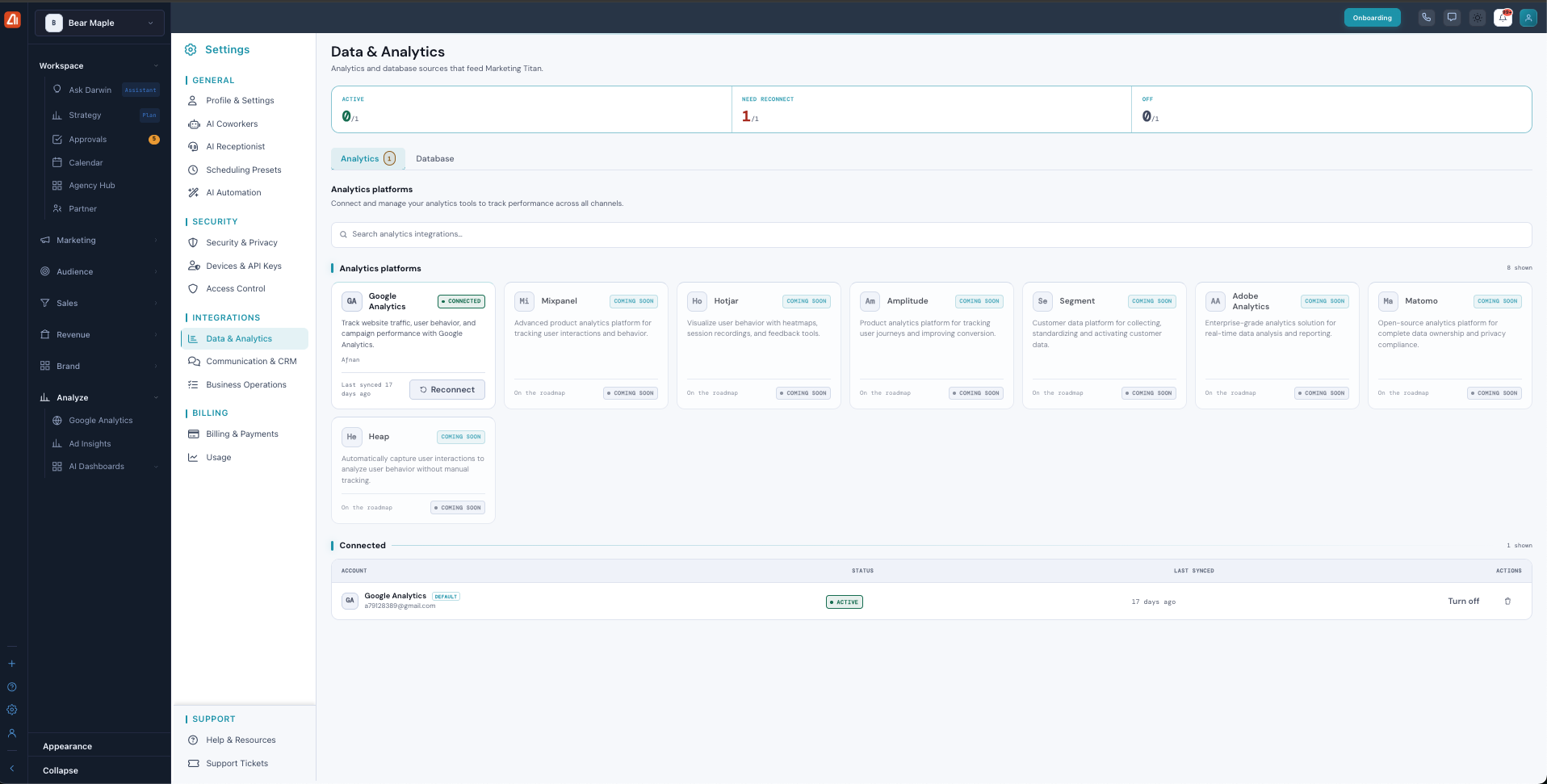 The Data & Analytics integrations tab showing Google Analytics connected and other analytics platforms coming soon.