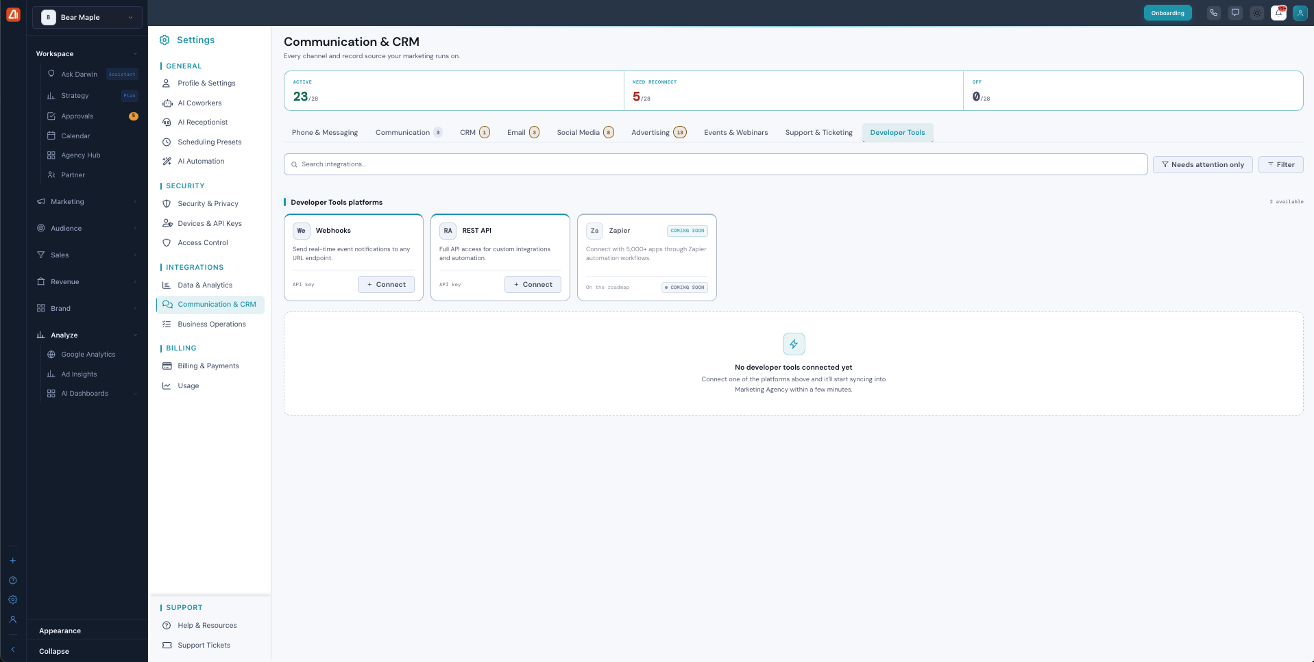 The Developer Tools tab showing Webhooks, REST API, and Zapier.