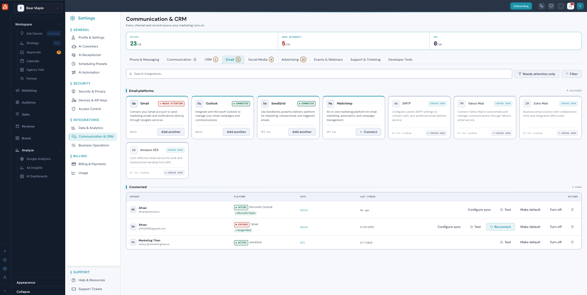 The Email tab showing Gmail, Outlook, SendGrid, Mailchimp and coming-soon providers, with a Connected list and Configure sync.