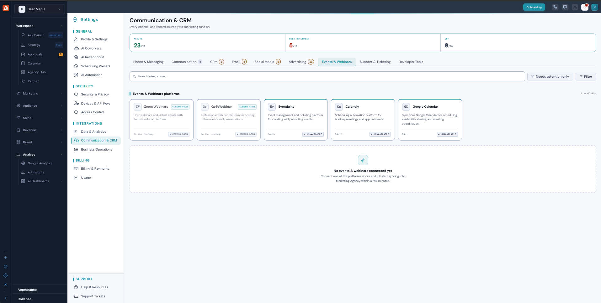 The Events and Webinars tab showing the empty state with a message to connect a tool.