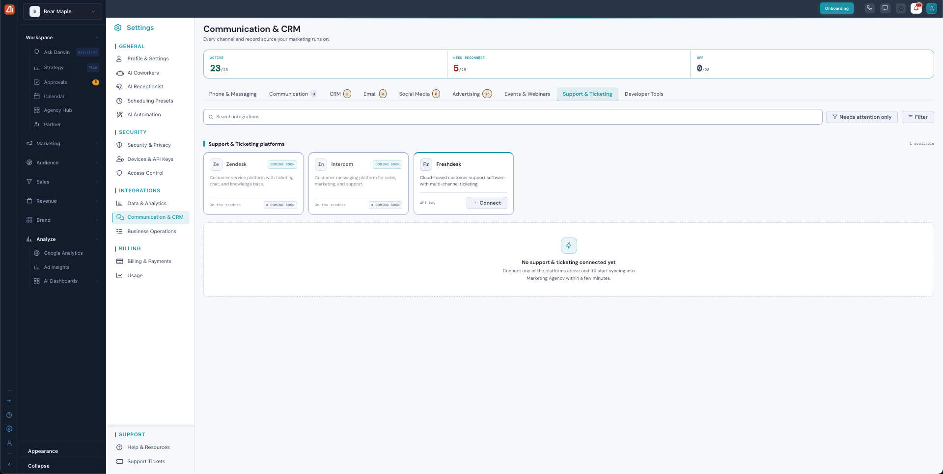 The Support and Ticketing tab showing Zendesk, Intercom, and Freshdesk cards.
