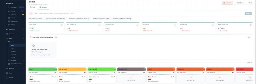 The Leads board in Kanban view: columns for each stage (New, In Progress, Next Stage, Disqualified, and more) with counts and values, and lead cards you can drag between stages.