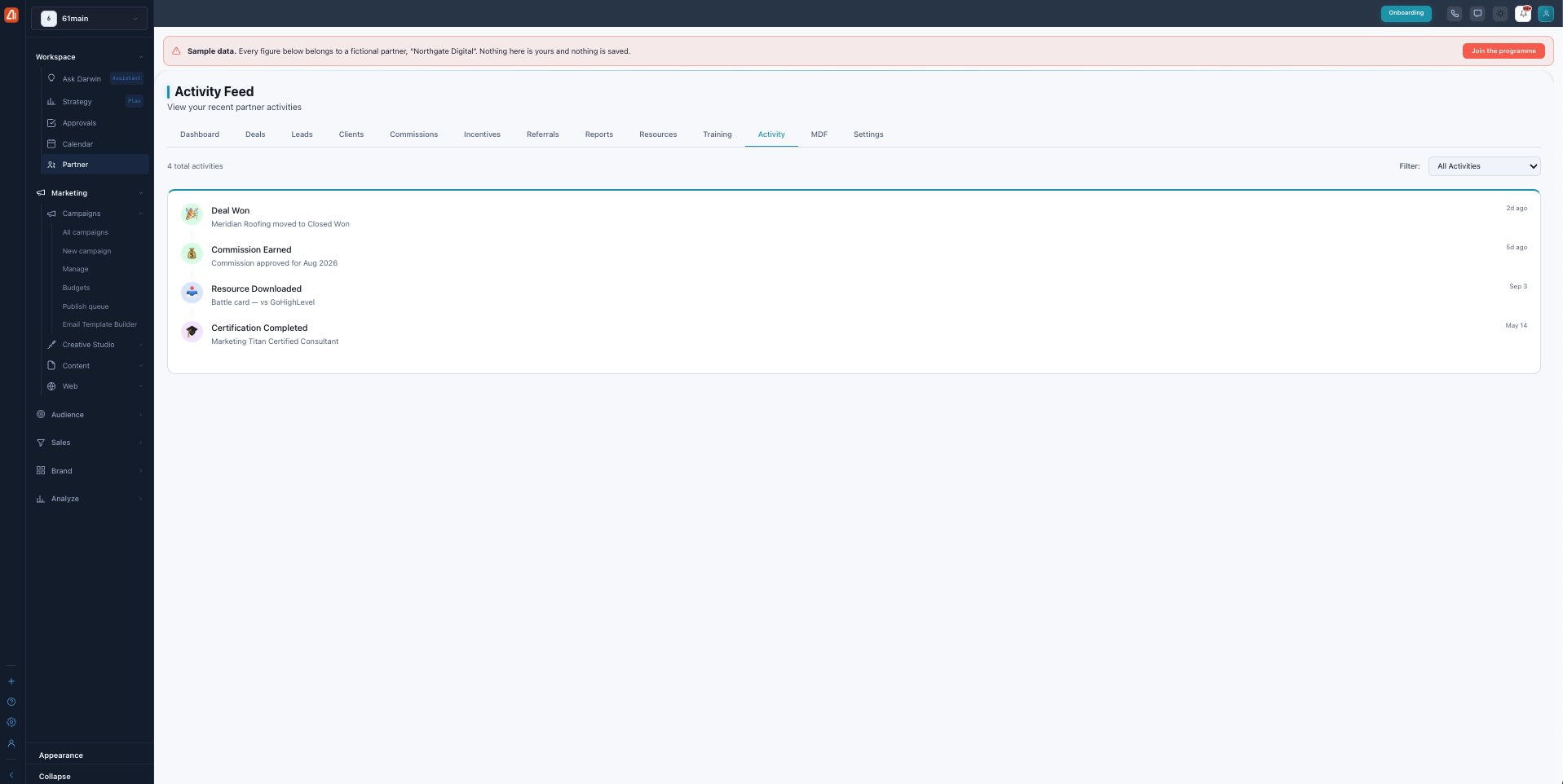 The Activity Feed listing recent events — Deal Won, Commission Earned, Resource Downloaded, Certification Completed — each with a description and timestamp, plus an activity filter.
